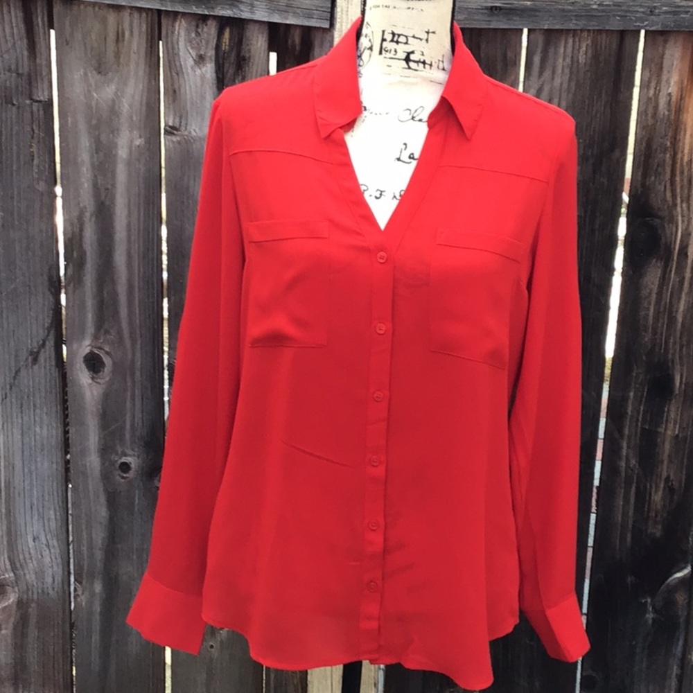 Red Long-Sleeve Button Front Blouse - Women